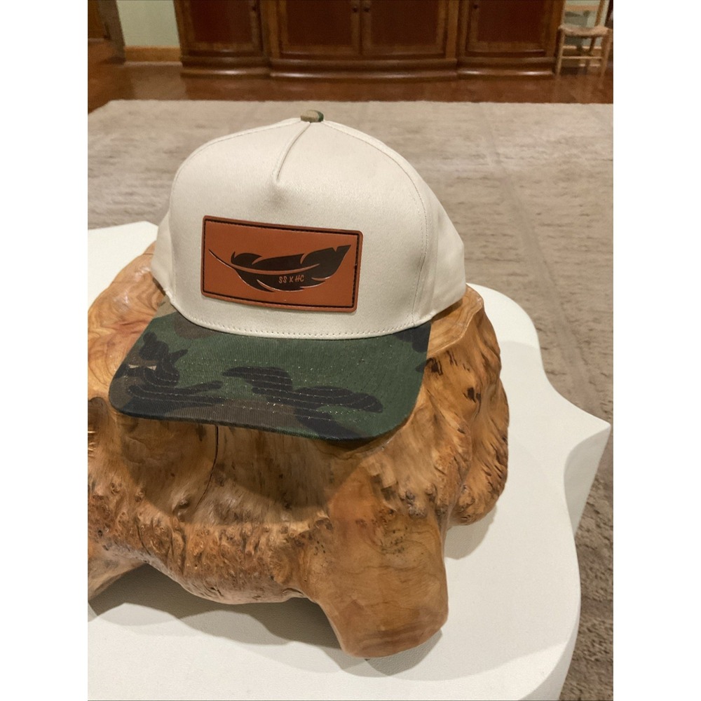 Southern String Hat Co. RARE Camo SnapBack Hat Leather Feather Patch BRAND NEW